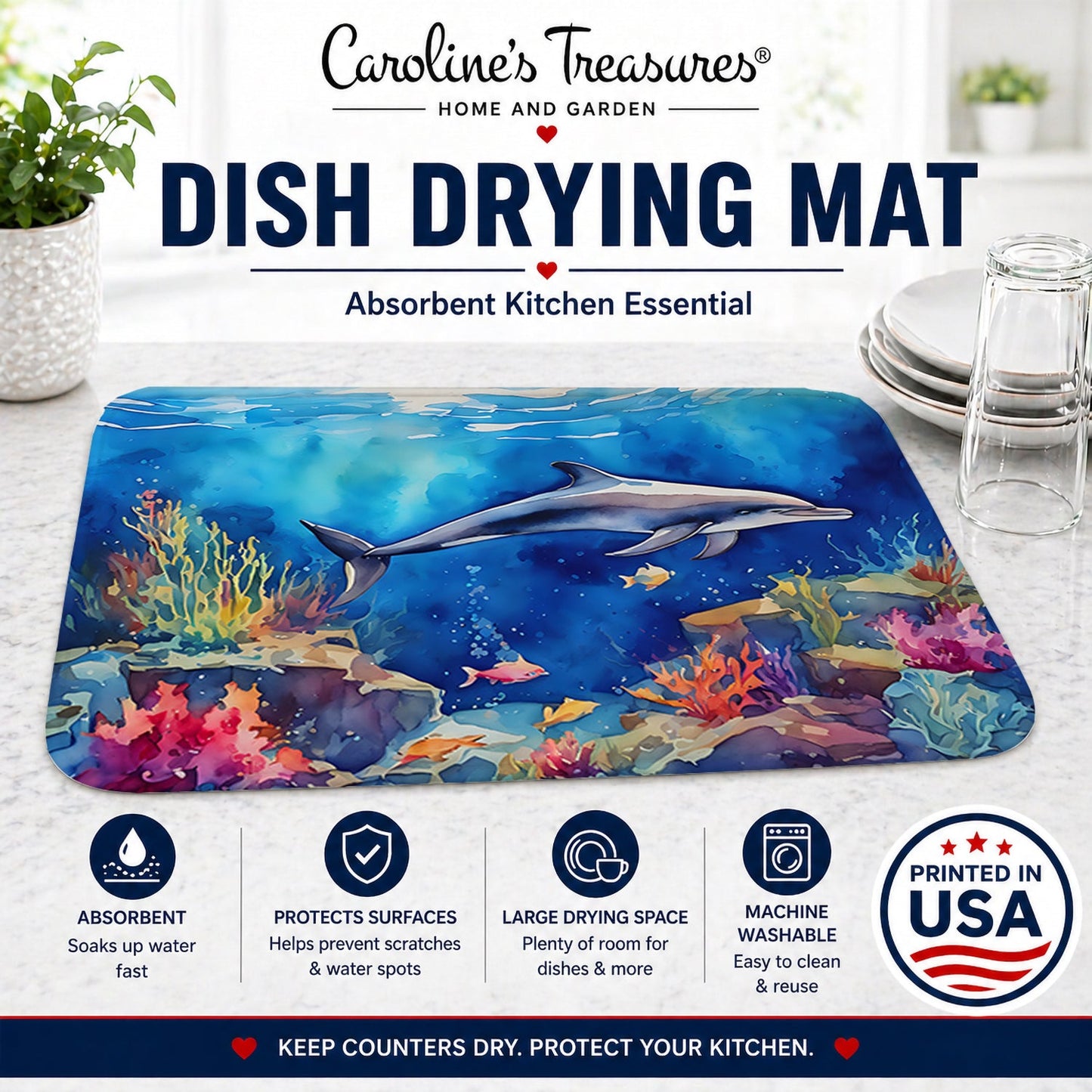 Dolphin Dish Drying Mat Absorbent Dish Drying Mat Pad for Kitchen Counter Dish Drainer Mat for Countertop, 14 x 21", Multicolor