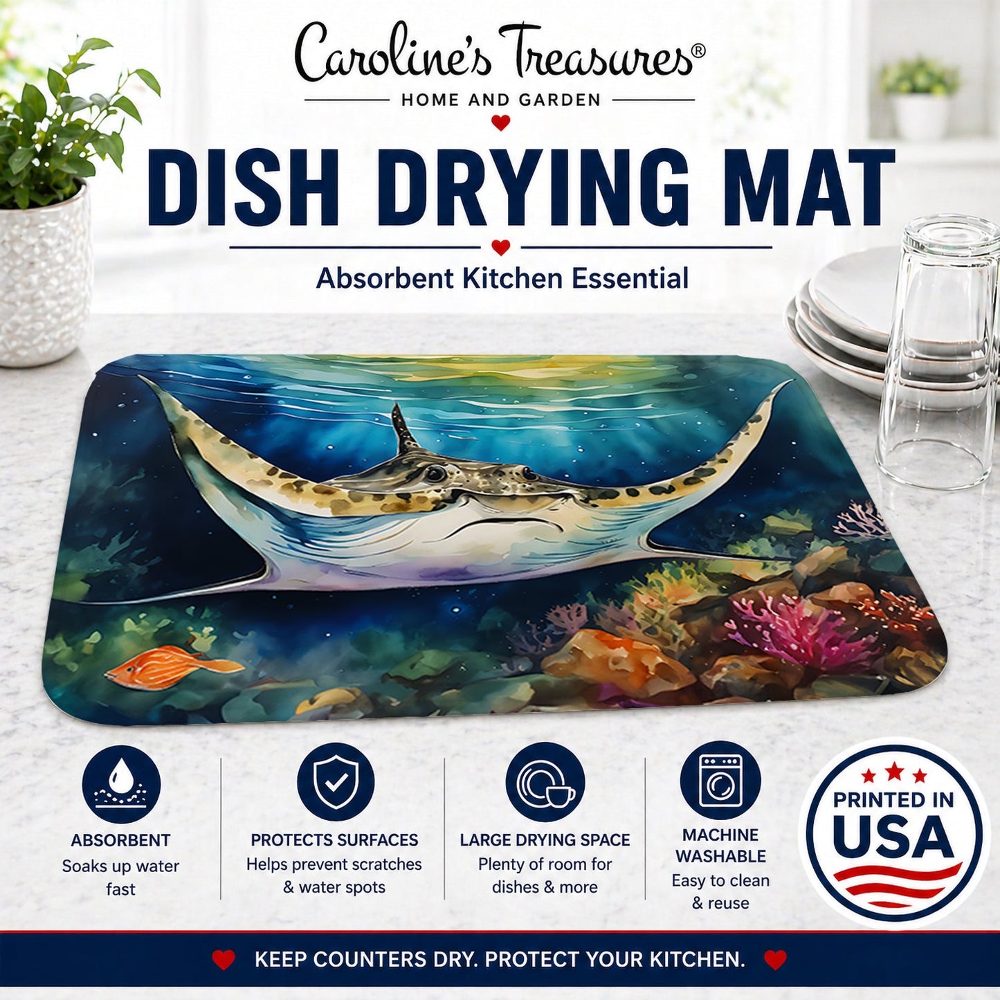 Sting Ray Dish Drying Mat Absorbent Dish Drying Mat Pad for Kitchen Counter Dish Drainer Mat for Countertop, 14 x 21", Multicolor