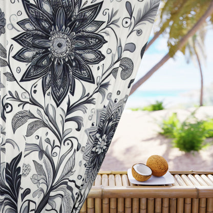 Elegant Floral Window Curtain, Home Decor, Black and White Floral Drapes, Living Room Curtains, Bedroom Window Treatment