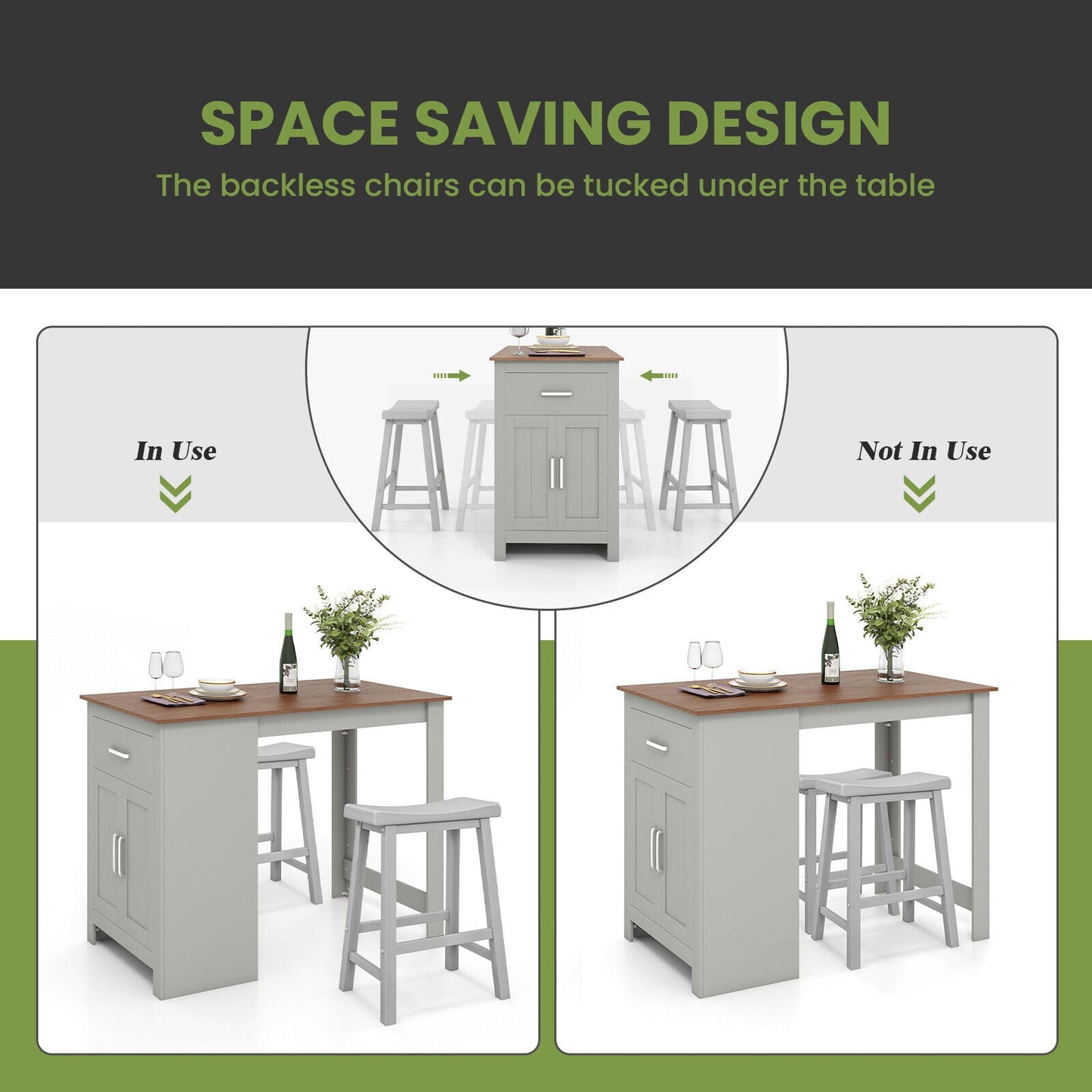3-Piece Bar Table Set for 2 with 2 Saddle Stools for Dining Room