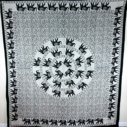 Black White Festival Elephant Mandala Tapestry Cotton