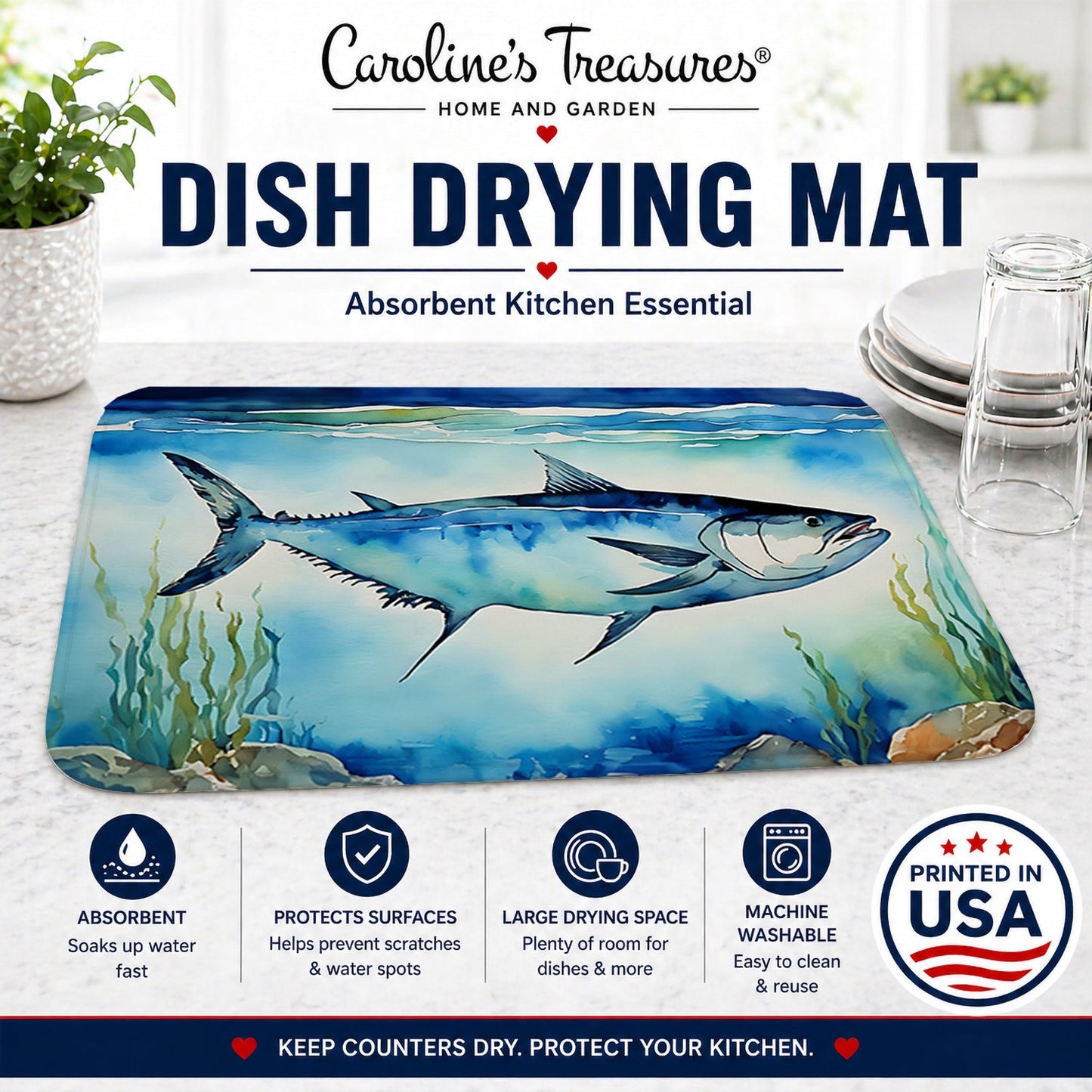 Bluefin Tuna Dish Drying Mat Absorbent Dish Drying Mat Pad for Kitchen Counter Dish Drainer Mat for Countertop, 14 x 21", Multicolor
