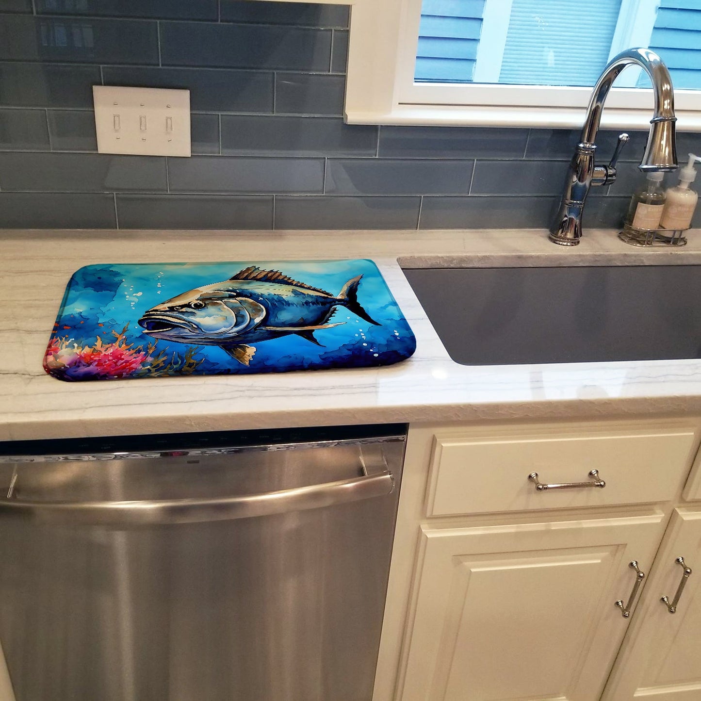 Bluefin Tuna Dish Drying Mat Absorbent Dish Drying Mat Pad for Kitchen Counter Dish Drainer Mat for Countertop, 14 x 21", Multicolor