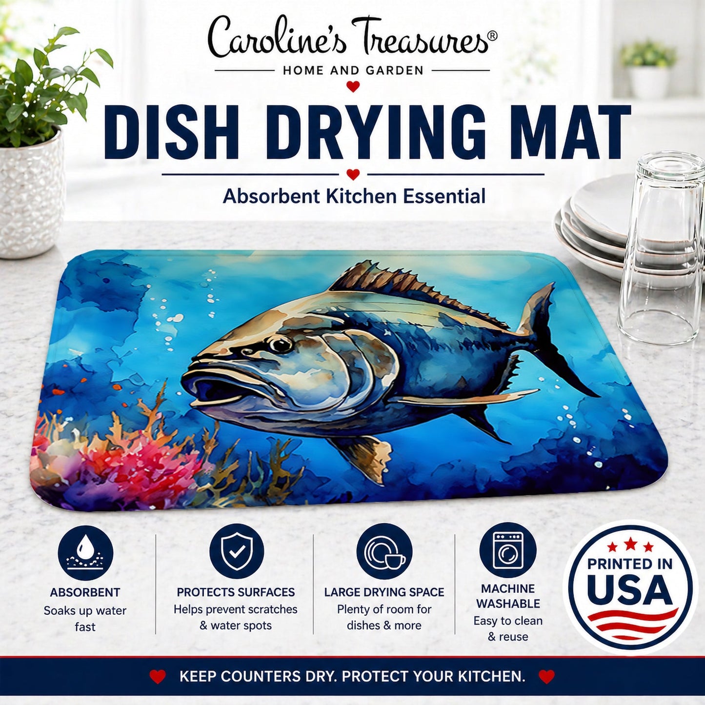 Bluefin Tuna Dish Drying Mat Absorbent Dish Drying Mat Pad for Kitchen Counter Dish Drainer Mat for Countertop, 14 x 21", Multicolor