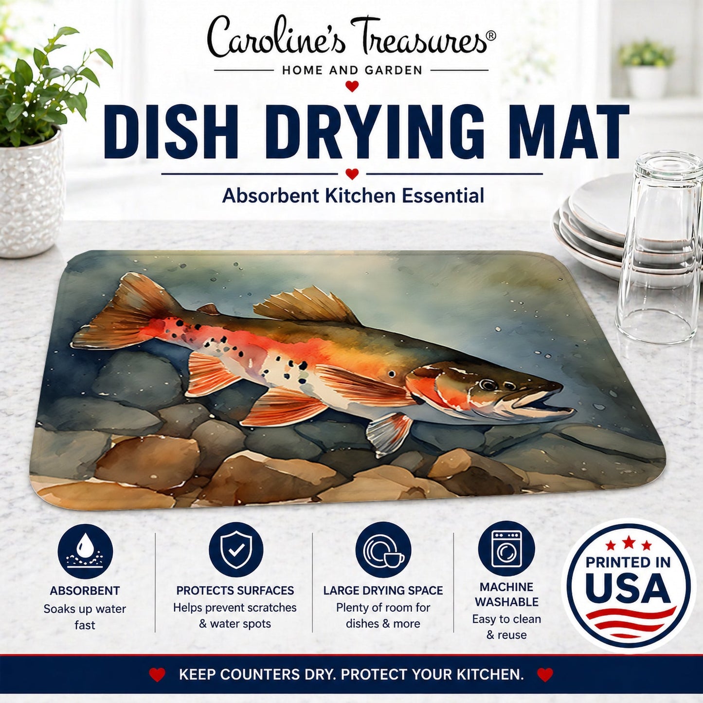 Brook Trout Dish Drying Mat Absorbent Dish Drying Mat Pad for Kitchen Counter Dish Drainer Mat for Countertop, 14 x 21", Multicolor