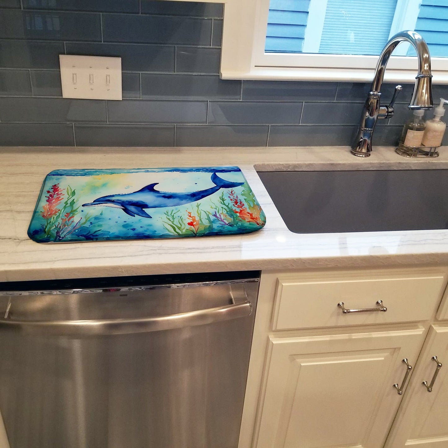 Dolphin Dish Drying Mat Absorbent Dish Drying Mat Pad for Kitchen Counter Dish Drainer Mat for Countertop, 14 x 21", Multicolor