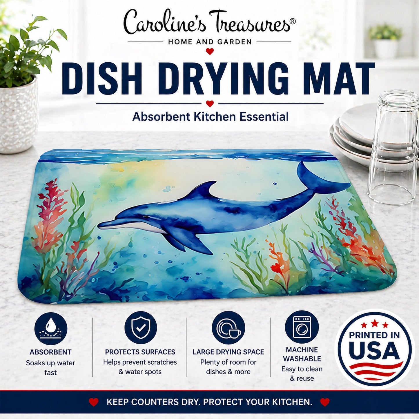 Dolphin Dish Drying Mat Absorbent Dish Drying Mat Pad for Kitchen Counter Dish Drainer Mat for Countertop, 14 x 21", Multicolor