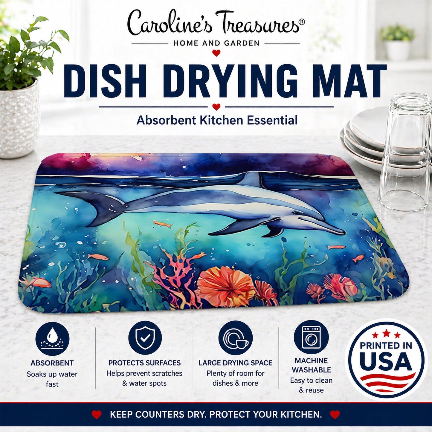 Dolphin Dish Drying Mat Absorbent Dish Drying Mat Pad for Kitchen Counter Dish Drainer Mat for Countertop, 14 x 21", Multicolor