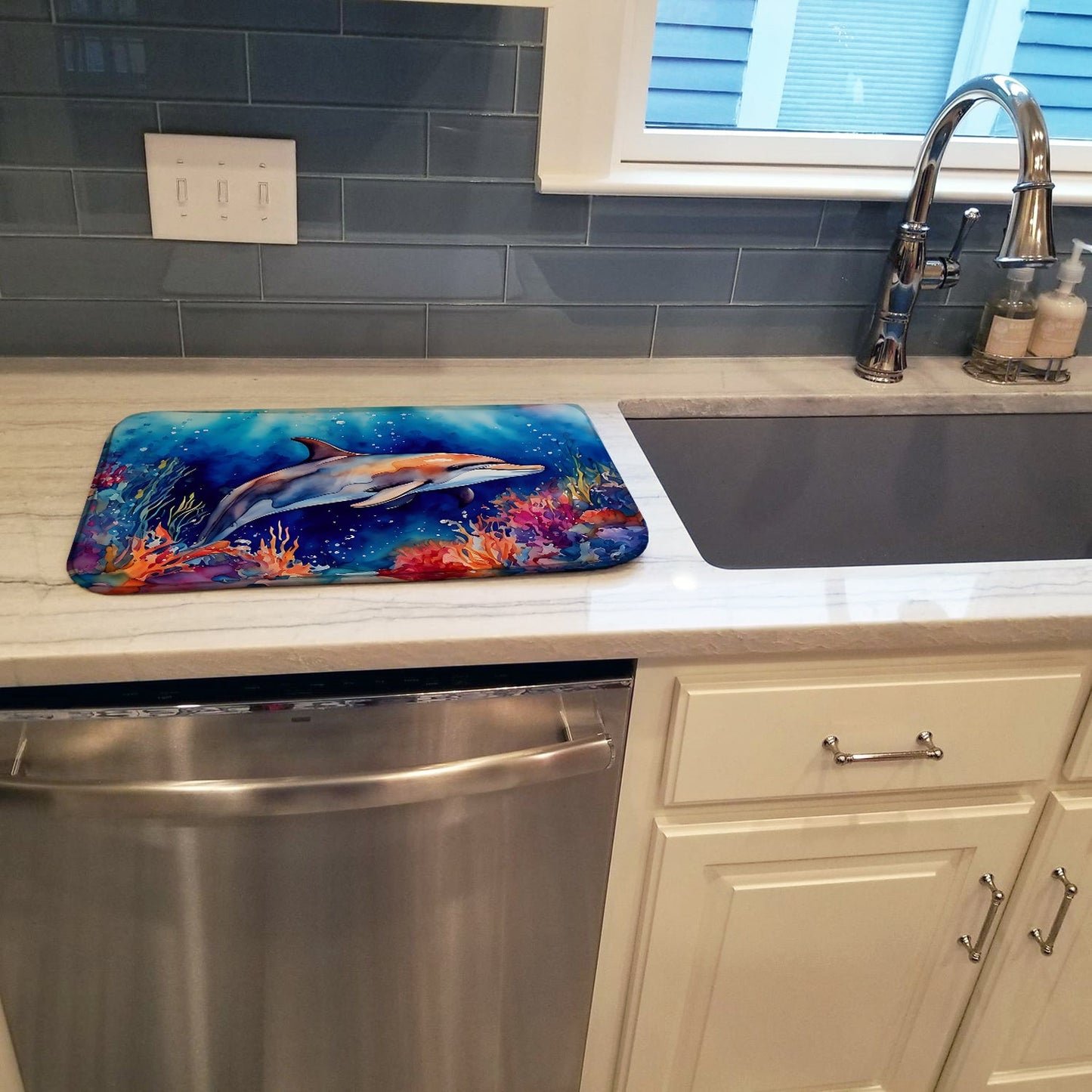 Dolphin Dish Drying Mat Absorbent Dish Drying Mat Pad for Kitchen Counter Dish Drainer Mat for Countertop, 14 x 21", Multicolor