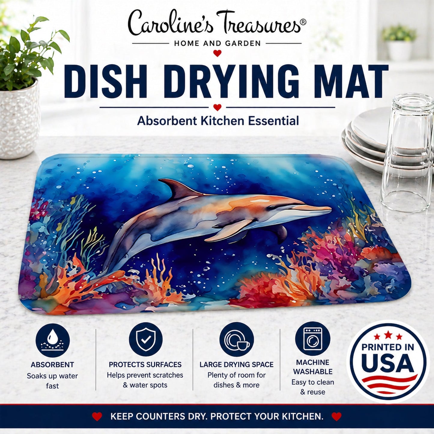 Dolphin Dish Drying Mat Absorbent Dish Drying Mat Pad for Kitchen Counter Dish Drainer Mat for Countertop, 14 x 21", Multicolor
