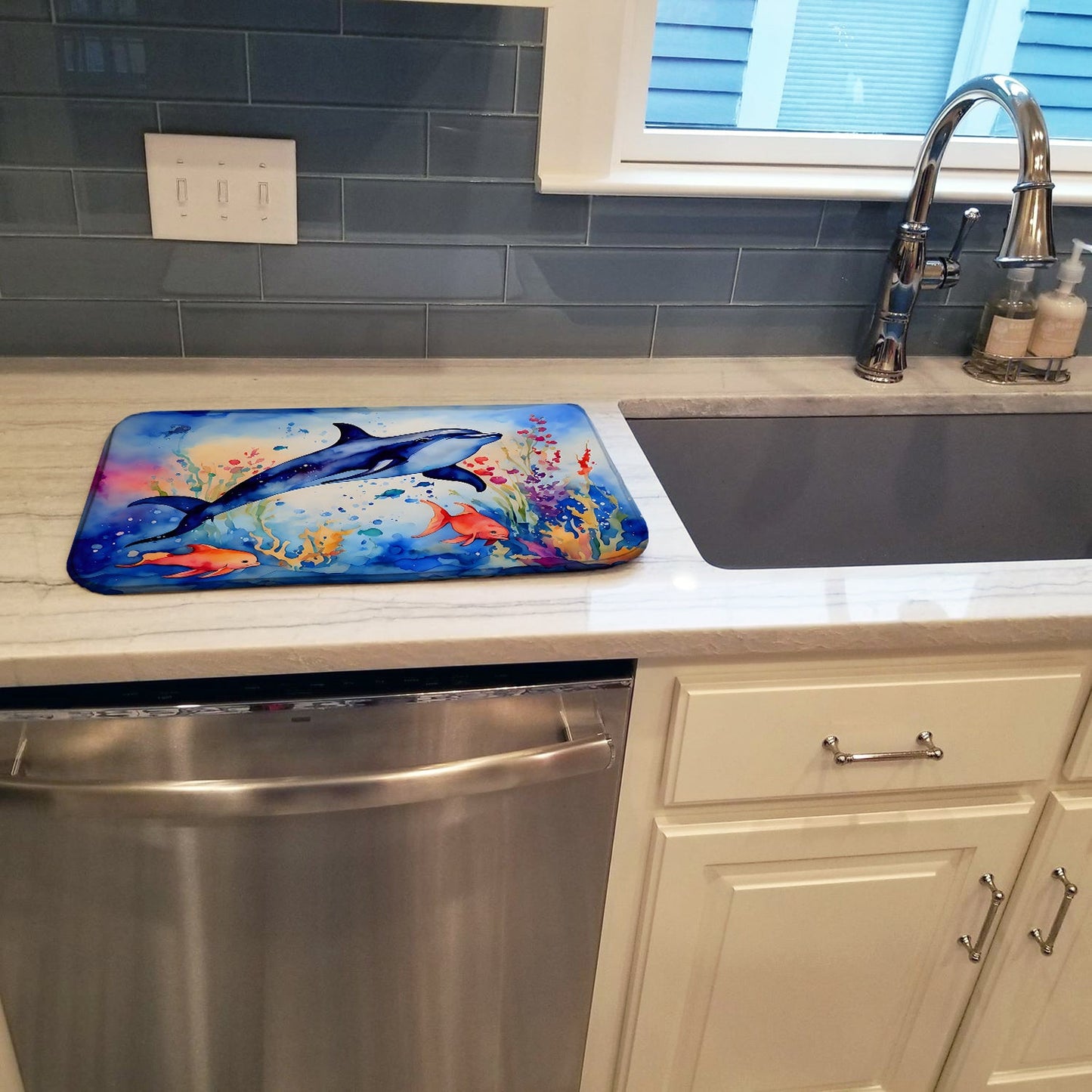 Dolphin Dish Drying Mat Absorbent Dish Drying Mat Pad for Kitchen Counter Dish Drainer Mat for Countertop, 14 x 21", Multicolor