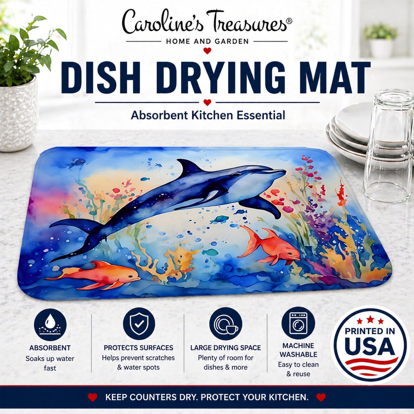 Dolphin Dish Drying Mat Absorbent Dish Drying Mat Pad for Kitchen Counter Dish Drainer Mat for Countertop, 14 x 21", Multicolor