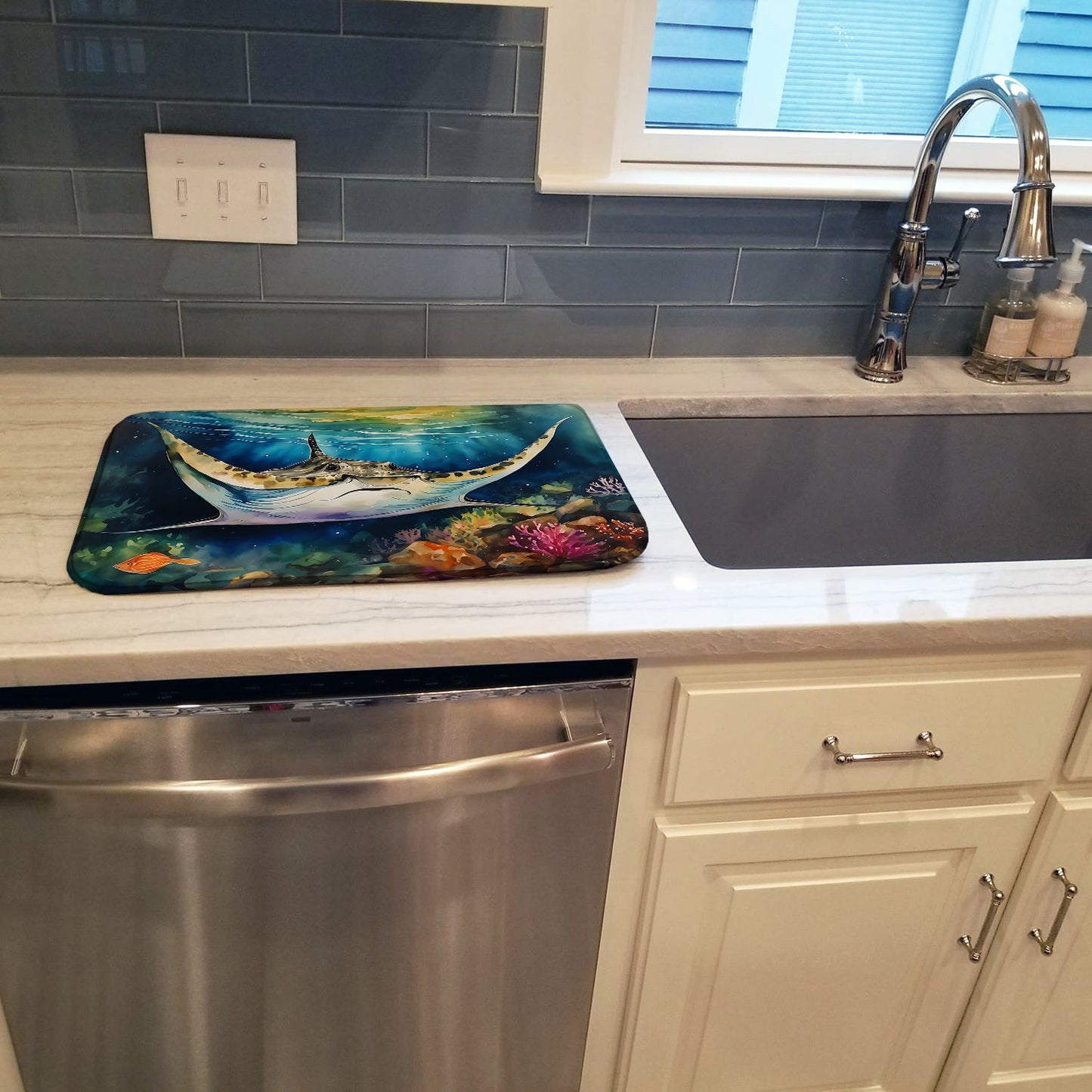 Sting Ray Dish Drying Mat Absorbent Dish Drying Mat Pad for Kitchen Counter Dish Drainer Mat for Countertop, 14 x 21", Multicolor