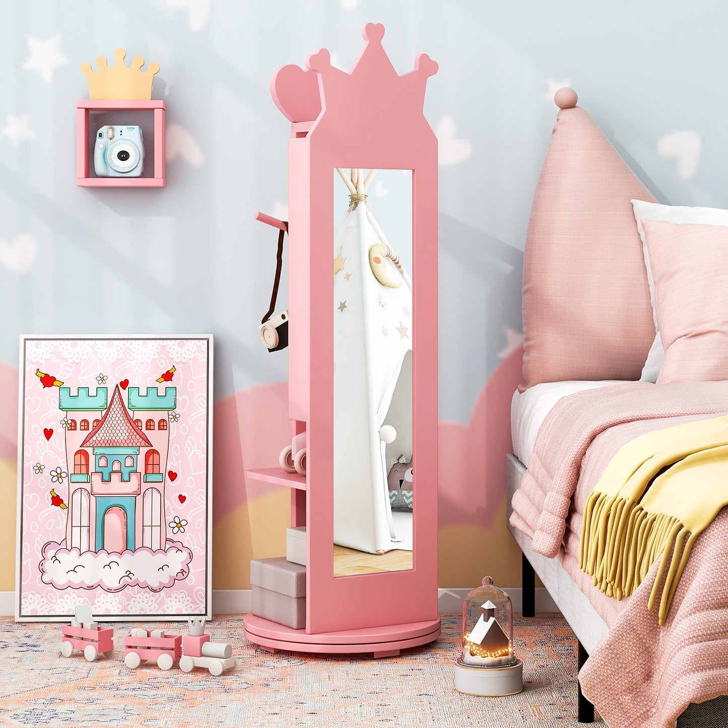 Kids Room Furniture Set Princess Vanity Table and Stool Set with Mirror and Drawer