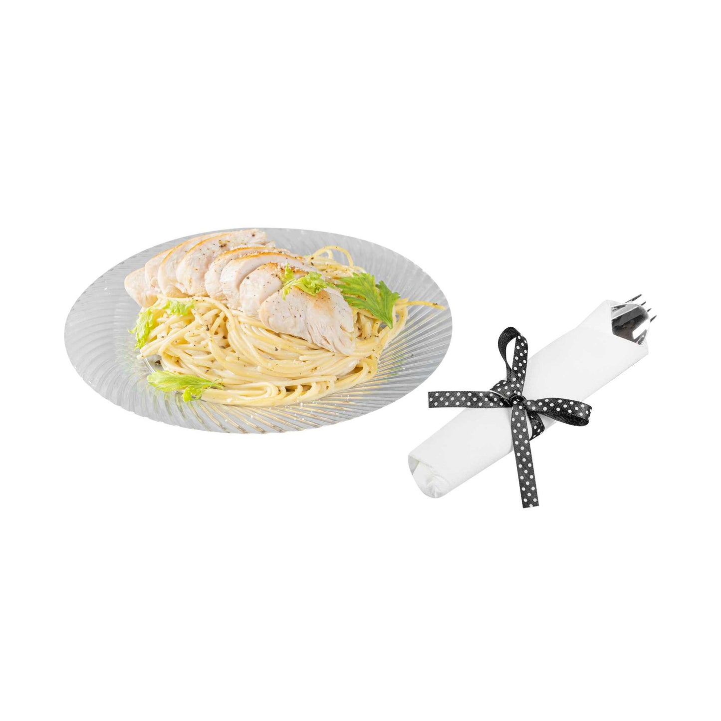 Argento Silver Plastic Cutlery Set - with White Napkin, Polka Dot Ribbon - 7 1/4" x 2" x 1 3/4" - 100 count box