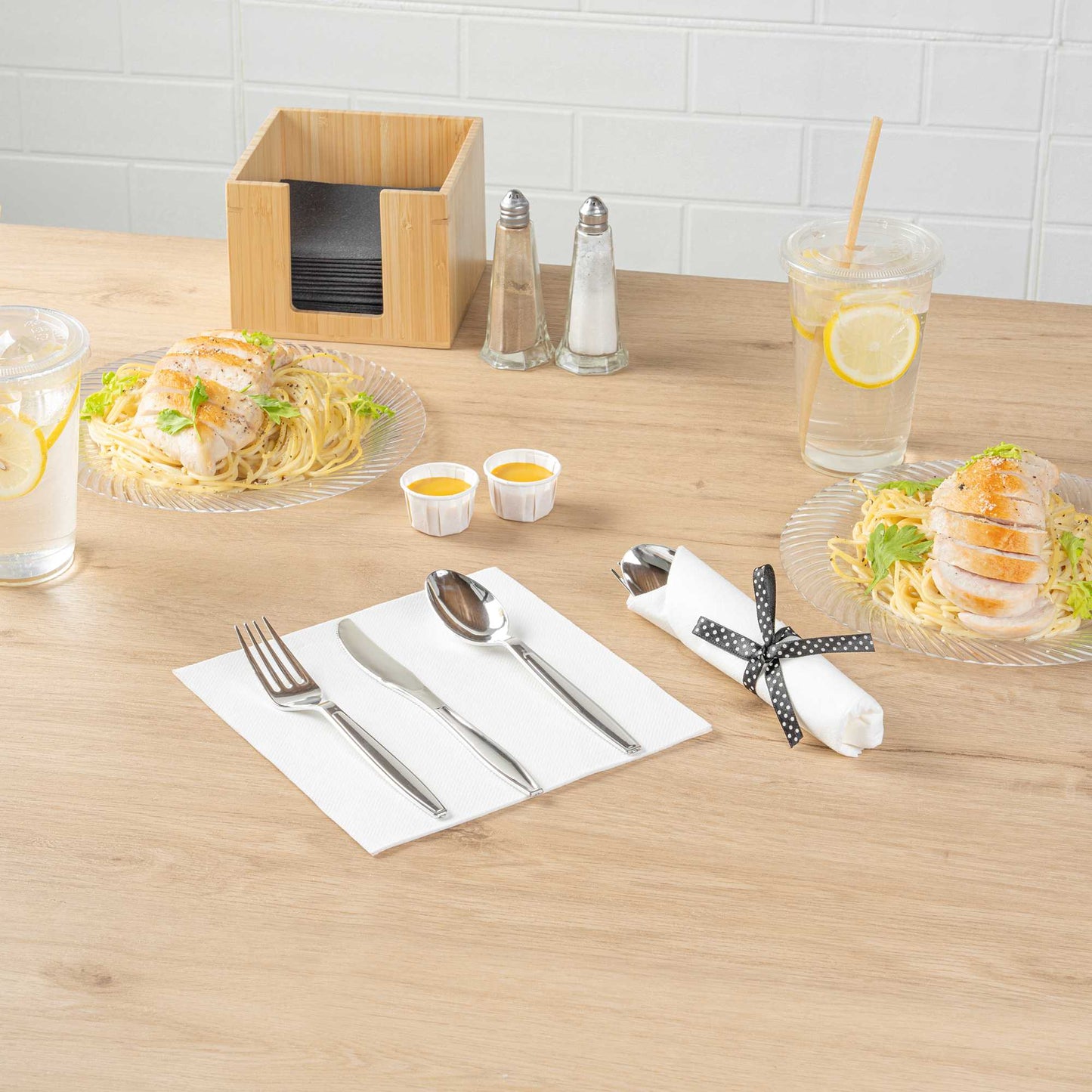 Argento Silver Plastic Cutlery Set - with White Napkin, Polka Dot Ribbon - 7 1/4" x 2" x 1 3/4" - 100 count box