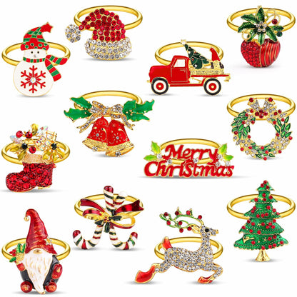 12 pack Gold Christmas Napkin Rings with Bling Various Christmas Napkin Holders